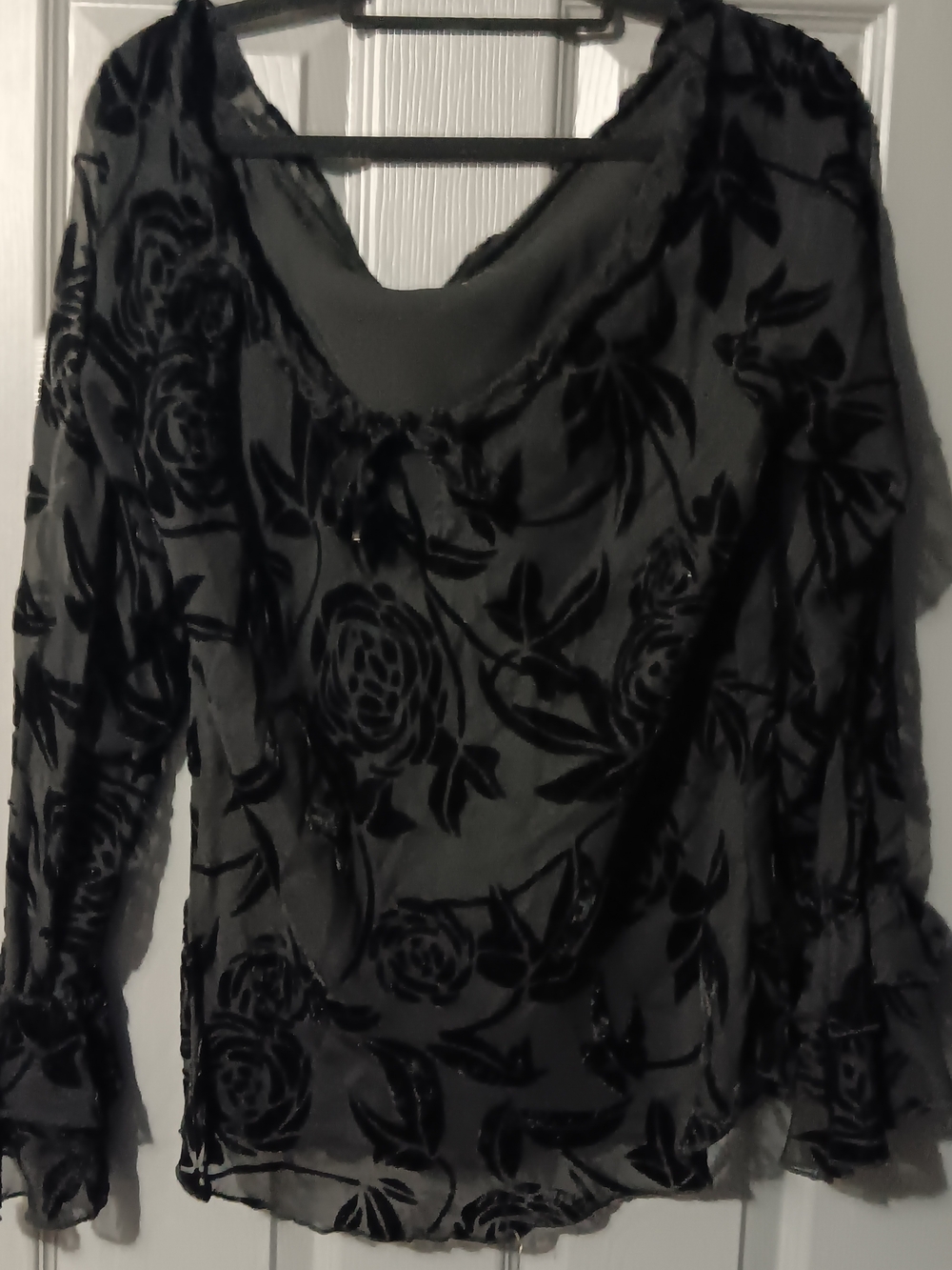 Anne Carson Black Floral Burnout Sheer Long-Sleeve Blouse